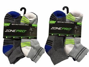 Zone Pro Men’s Half Cushion Ankle Socks 4 Pair Pack Size 6-12 Gray Blue Athletic